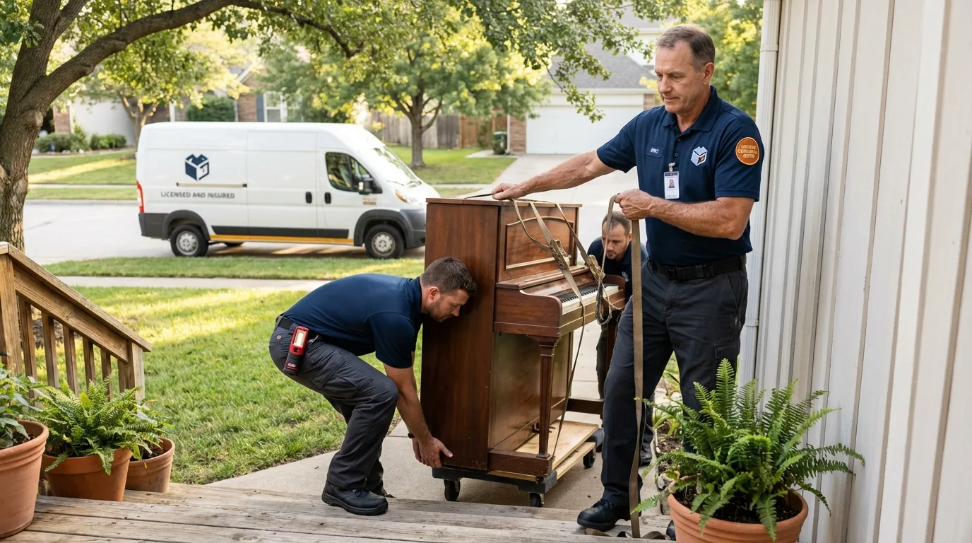 Licensed piano movers securing grand piano in Campti, LA