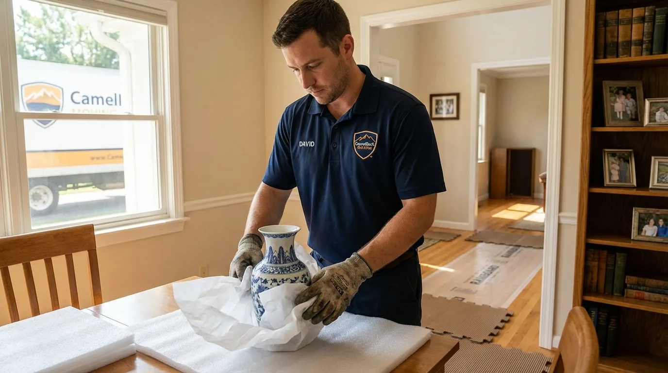 Professional crew carefully wrapping antique vase for senior downsizing move in Campti, LA
